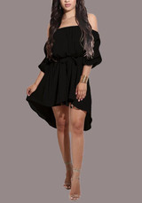 Black Sashes Draped Irregular Belt Off Shoulder Backless High-Low Party Midi Dress