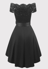 Black Patchwork Lace Sashes Bow Pleated Off Shoulder Tutu Elegant Party Midi Dress