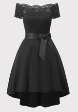Black Patchwork Lace Sashes Bow Pleated Off Shoulder Tutu Elegant Party Midi Dress