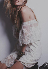 Casual New Women White Patchwork Lace Grenadine See-through Off Shoulder Mini Dress
