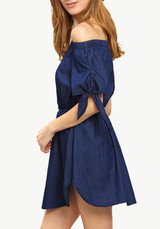 Casual Dark Blue Plain Irregular Bandeau Boat Neck Off-Shoulder Mini Dress