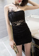 Casual Black Patchwork Lace Bandeau Backless Off Shoulder Club Mini Dress