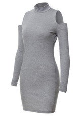 Grey Plain Cut Out Off Shoulder High Neck Mini Dress