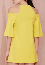 Casual Yellow Plain Cut Out Draped Half Sleeve Off-shoulder Flare Sleeve Mini Dress