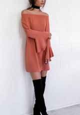 Casual Nacarat Plain Ruffle Boat Neck Off-shoulder Flare Sleeve Mini Dress
