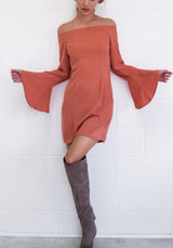 Casual Nacarat Plain Ruffle Boat Neck Off-shoulder Flare Sleeve Mini Dress
