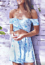 Casual White-Blue Flowers Cut Out Zipper Draped Off Shoulder Mini Dress