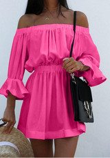 Casual Rose Carmine Pleated Ruffle Off Shoulder Flare Sleeve Mini Dress