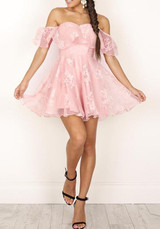 Casual Pink Patchwork Lace Ruffle Zipper Off Shoulder Backless Mini Dress