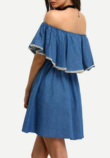 Casual Blue Patchwork Lace Ruffle Draped Off Shoulder Slit Vintage Mini Dress