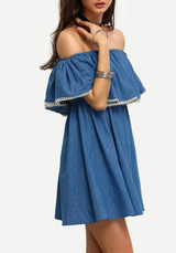 Casual Blue Patchwork Lace Ruffle Draped Off Shoulder Slit Vintage Mini Dress