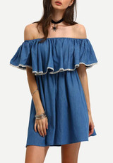 Casual Blue Patchwork Lace Ruffle Draped Off Shoulder Slit Vintage Mini Dress