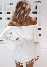 Casual White Patchwork Tassel Grenadine Irregular Lace Off-shoulder Cute Mini Dress