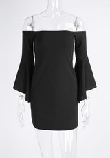 Casual Black Falbala Flare Sleeve Off Shoulder Mini Dress