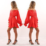 Casual Red Drawstring Pleated Irregular Off Shoulder Casual Mini Dress