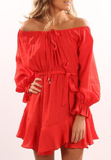 Casual Red Drawstring Pleated Irregular Off Shoulder Casual Mini Dress
