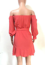 Casual Red Drawstring Pleated Irregular Off Shoulder Casual Mini Dress