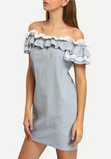 Blue Striped Bandeau Lace Ruffle Off Shoulder Backless Homecoming Party Cute Mini Dress