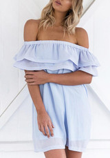 Blue Plain Cascading Falbala Bandeau Off Shoulder Backless Elegant Mini Dress