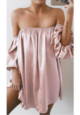 Casual Pink Draped Off Shoulder Boat Neck Short Sleeve Mini Dress