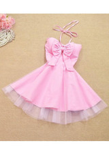Casual Pink Patchwork Bow Spaghetti Strap Halter Neck Off Shoulder Mini Dress