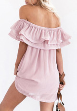Casual Pink Plain Cascading Falbala Bandeau Off Shoulder Backless Elegant Mini Dress