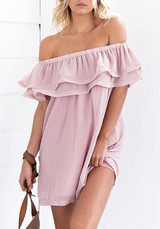 Casual Pink Plain Cascading Falbala Bandeau Off Shoulder Backless Elegant Mini Dress