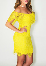 Casual Yellow Patchwork Lace Off Shoulder Boat Neck Short Sleeve Fashion Mini Dress