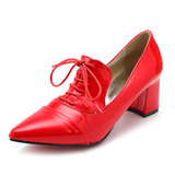 Casual Big Size Pointed Toe Pu Pure Color Office Work Lace Up Square Heel Shoes