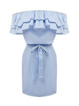 Casual Fashion Flounce Bateau Off The Shoulder Striped Dress