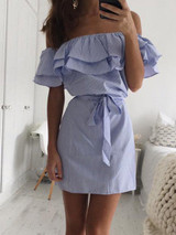 Casual Fashion Flounce Bateau Off The Shoulder Striped Dress