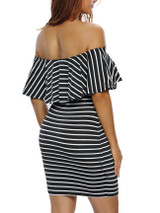 Casual Off Shoulder Flounce Striped Bodycon Dress