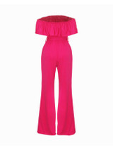 Casual Off Shoulder Flounce Plain Wide-Leg Jumpsuit