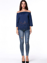 Casual Off Shoulder Hollow Out Plain Blouse