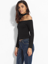Casual Off Shoulder Cotton Plain Long-sleeve-t-shirt