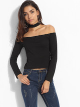 Casual Off Shoulder Cotton Plain Long-sleeve-t-shirt