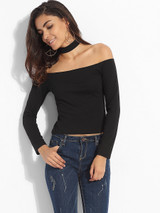 Casual Off Shoulder Cotton Plain Long-sleeve-t-shirt