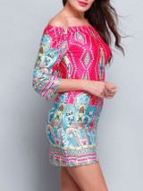 Casual Bohemian Printed Colorful Off Shoulder Shift Dress
