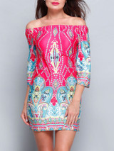 Casual Bohemian Printed Colorful Off Shoulder Shift Dress