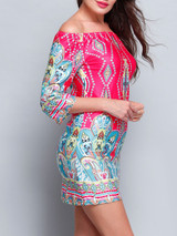 Casual Bohemian Printed Colorful Off Shoulder Shift Dress