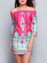 Casual Bohemian Printed Colorful Off Shoulder Shift Dress