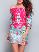 Casual Bohemian Printed Colorful Off Shoulder Shift Dress