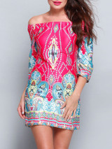 Casual Bohemian Printed Colorful Off Shoulder Shift Dress