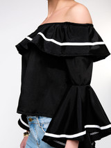 Casual Off Shoulder Contrast Trim Flounce Bell Sleeve Blouse