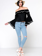 Casual Off Shoulder Contrast Trim Flounce Bell Sleeve Blouse