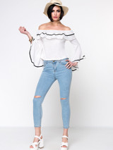 Casual Off Shoulder Contrast Trim Flounce Bell Sleeve Blouse