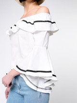 Casual Off Shoulder Contrast Trim Flounce Bell Sleeve Blouse