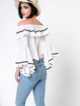 Casual Off Shoulder Contrast Trim Flounce Bell Sleeve Blouse