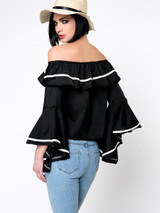 Casual Off Shoulder Contrast Trim Flounce Bell Sleeve Blouse