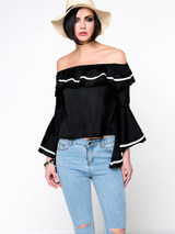 Casual Off Shoulder Contrast Trim Flounce Bell Sleeve Blouse